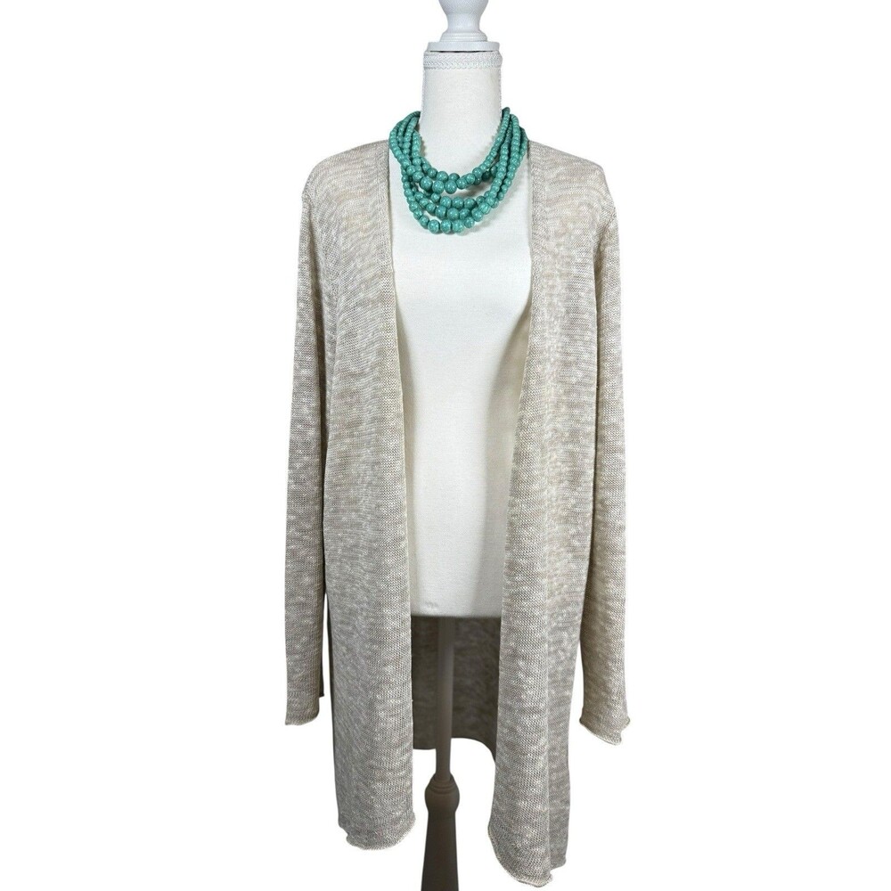 Eileen Fisher Linen Open Cardigan Large Beige Long Duster Minimalist Coastal